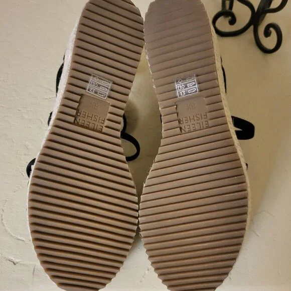 Eileen Fisher Sandals 8.5 Wedge Espadrilles Black Faux Suede Casual Comfort NWOB - Picture 8 of 10